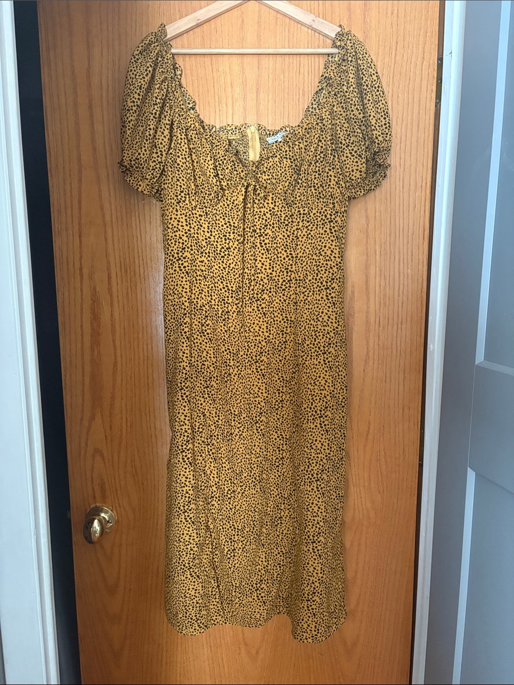 Orange Puff-Sleeve Cheetah Print Midi Dress with Tie Front